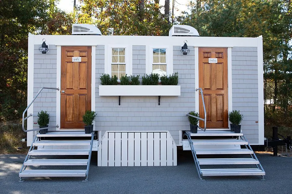 Wedding restroom units discretely staged at a venue in Forest City, North Carolina